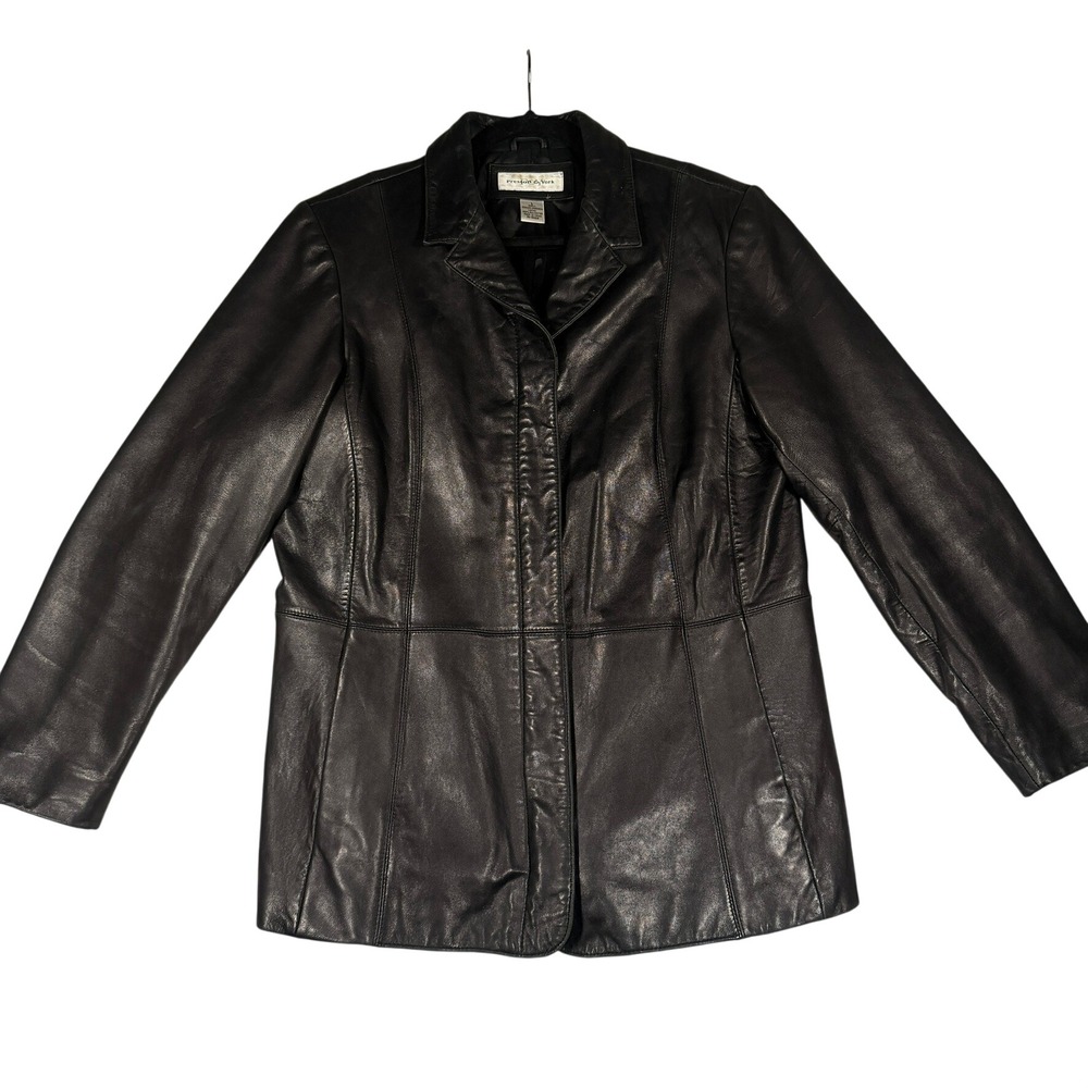 Preston & York Lambskin Leather Blazer Jacket Large Womens Black Zip Front